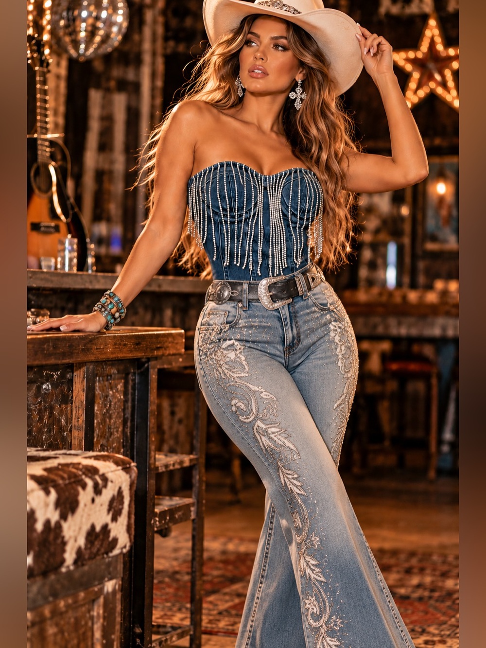 Blashe NWT Denim Rhinestone Fringe Corset Bodysuit Western Glam L